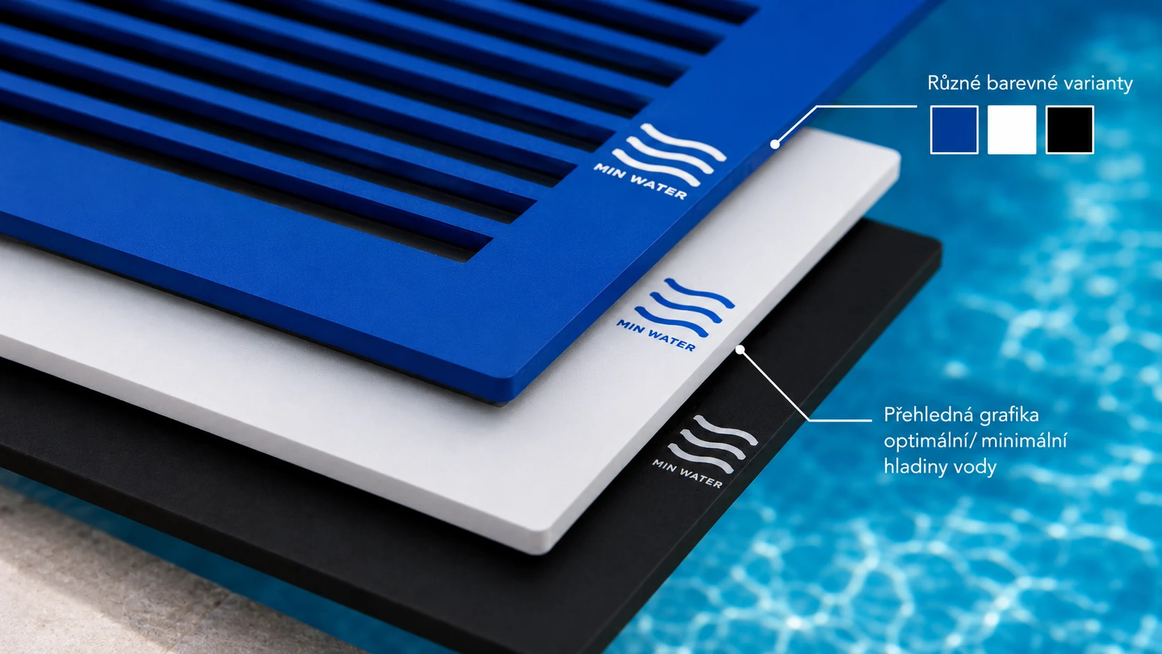 Detail modré, bílé a černé mřížky na skimmer