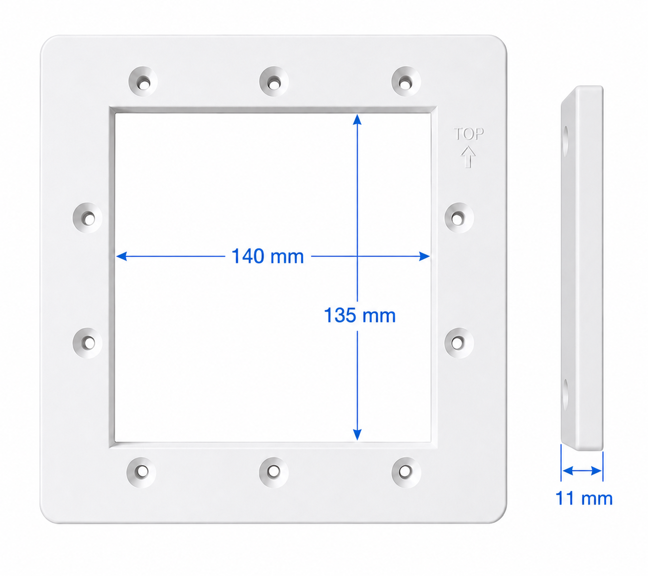 Rámeček s vnitřním otvorem 140 × 135 mm a tloušťkou 11 mm