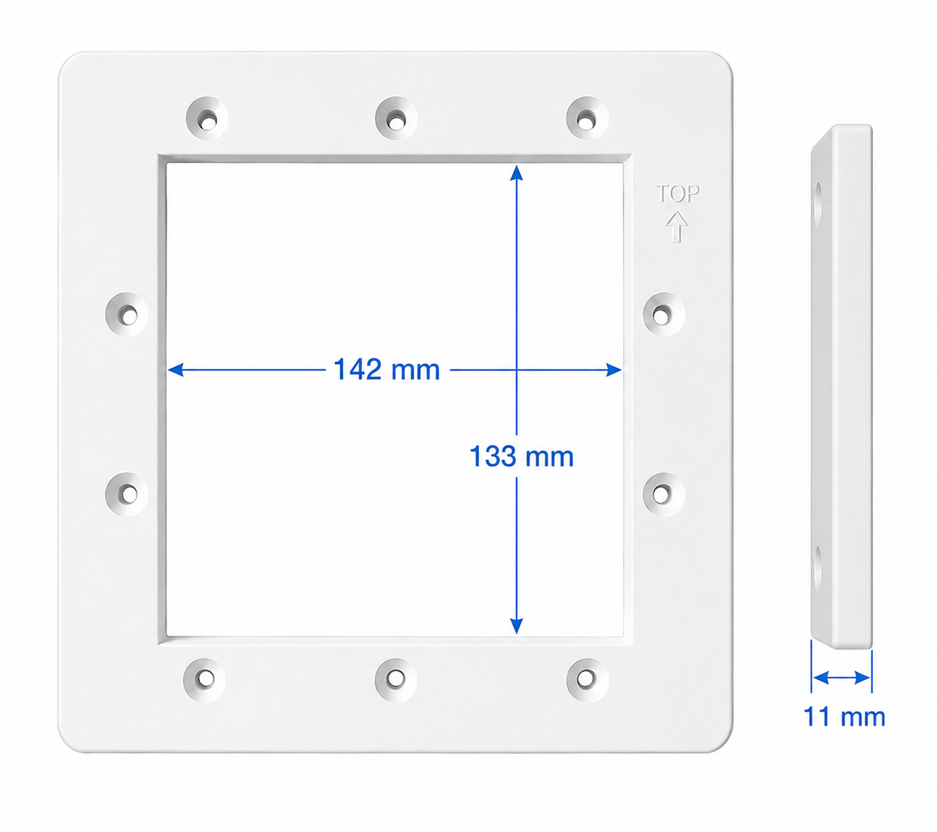 Rámeček s vnitřním otvorem 142 × 133 mm a tloušťkou 11 mm